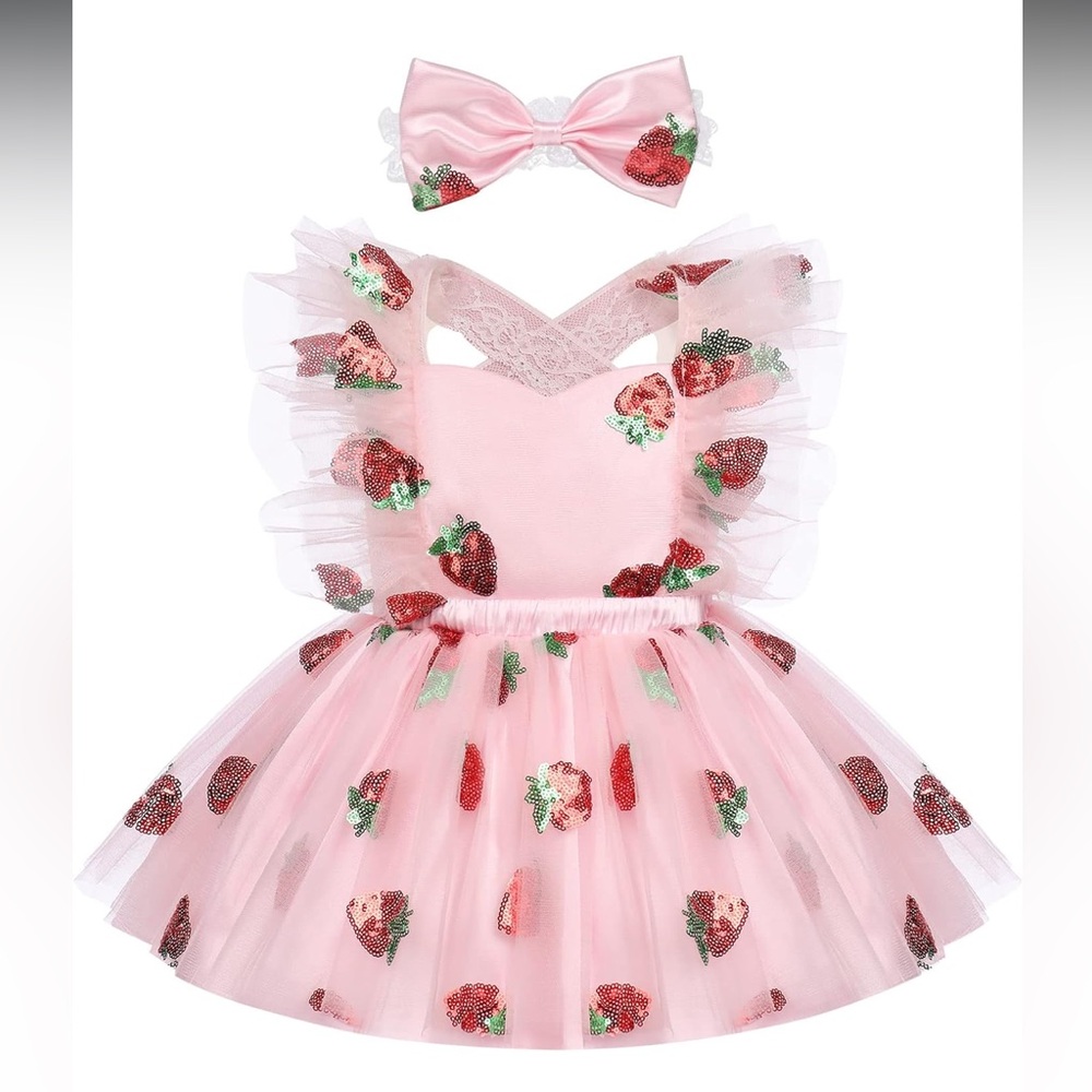 Strawberry Sequin Photoshoot Birthday Party Tutu Pink Dress Baby Girl 18-24M